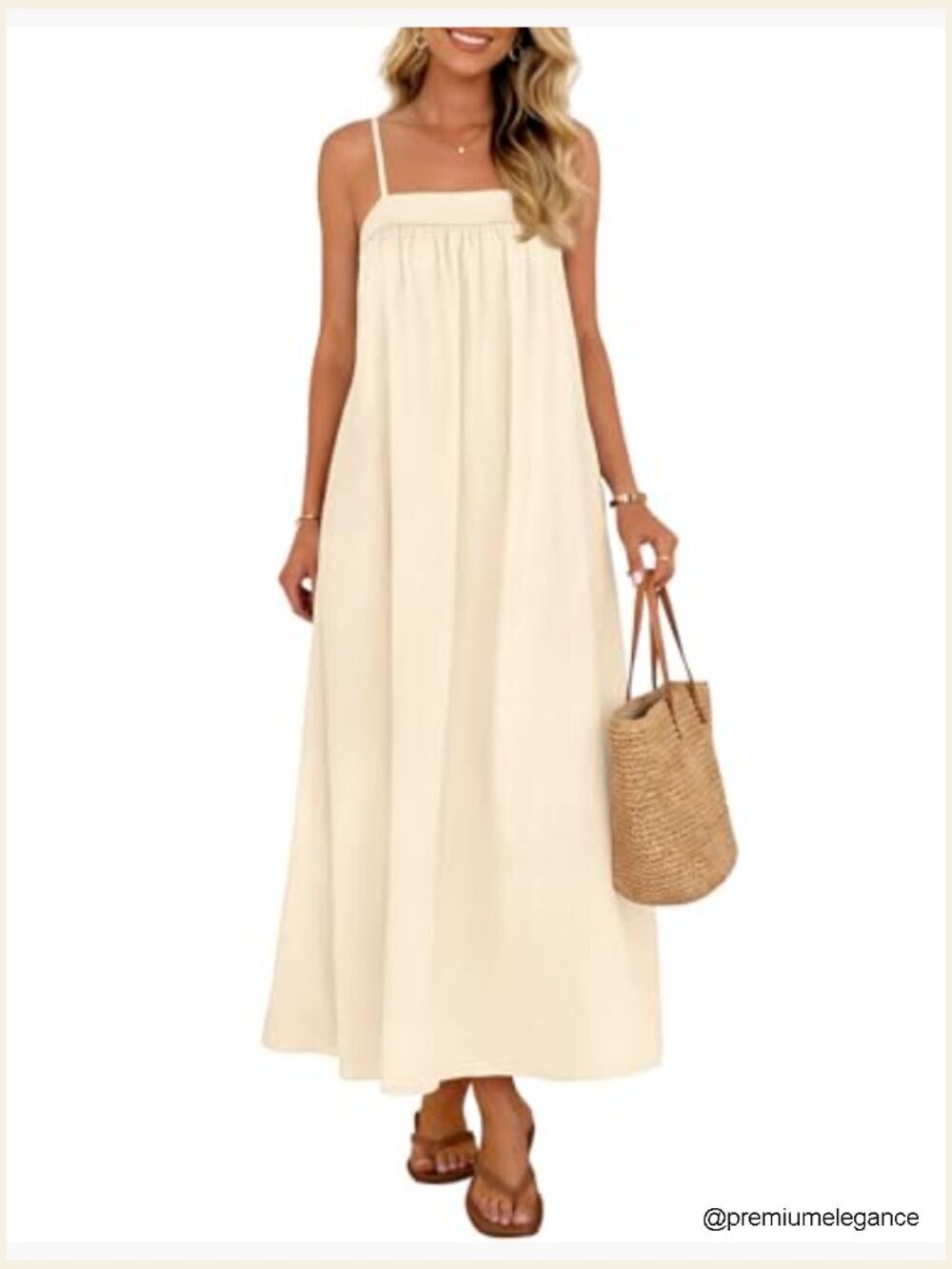 Linen Blend Maxi Sundress with Spaghetti Straps, Side Pockets, Size Small - Picture 2 of 7